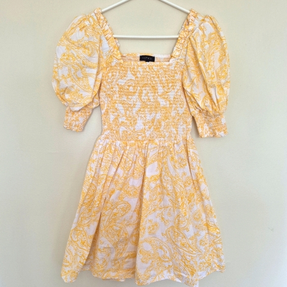 🍁1.State Yellow & White Paisley Puff Sleeve Smocked Dress – Size Small - Picture 1 of 5